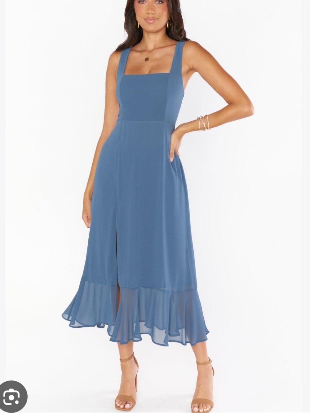 Show Me Your Mumu Sleeveless Chiffon Gray Blue Slit Maxi Dress Ruffle Hem Large